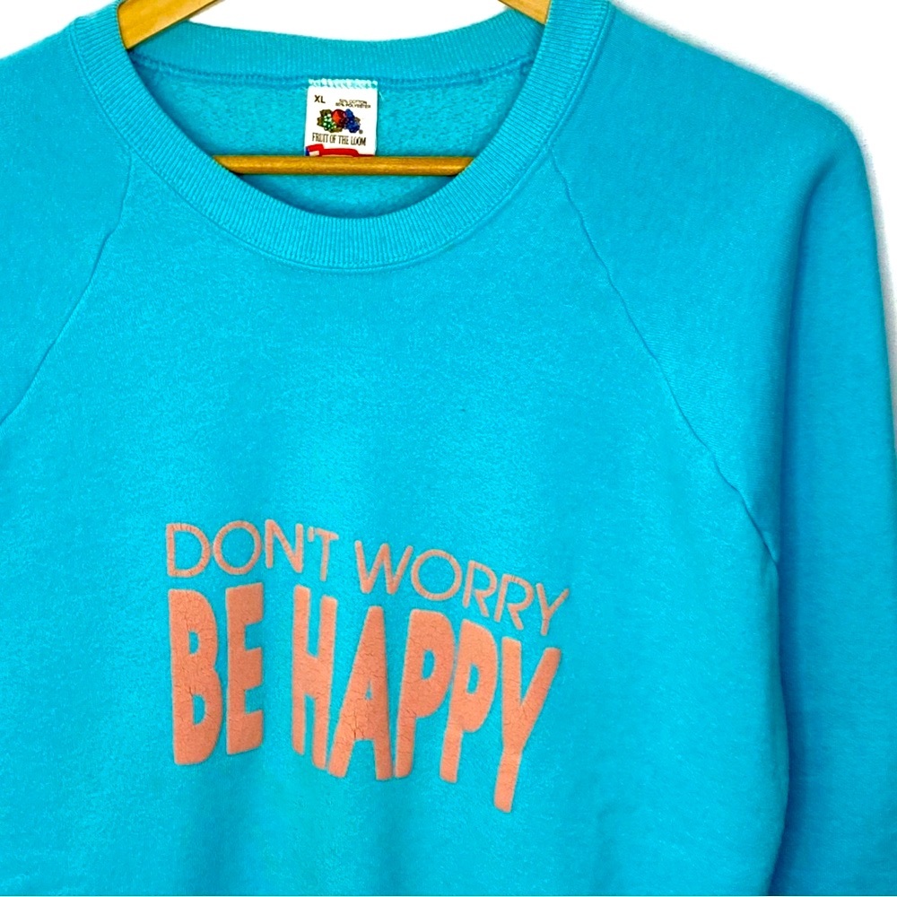 Vintage 80’s Don’t Worry Be Happy Baby Blue Crewneck Sweatshirt Made In USA XL - Picture 2 of 8